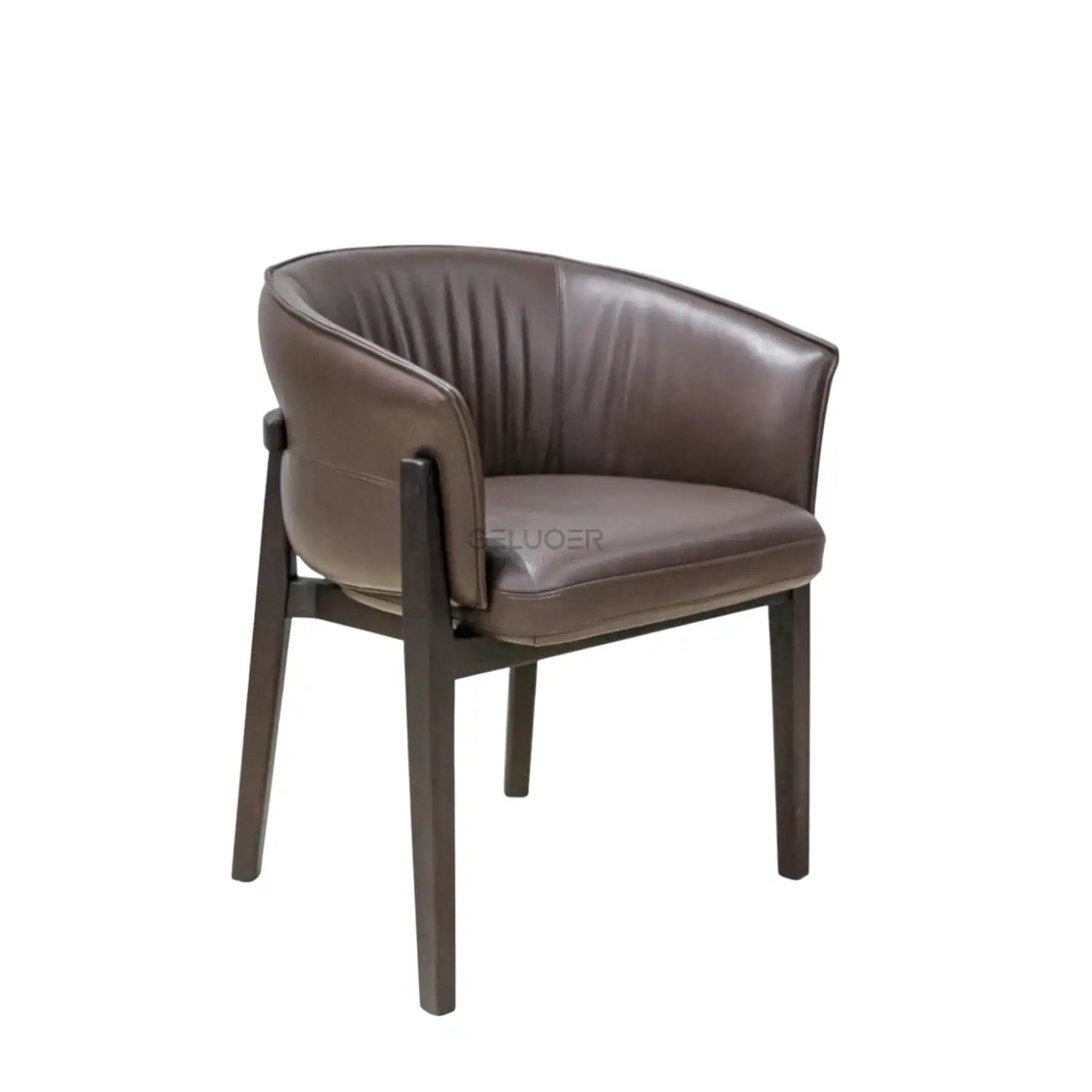 Elegant brown leather armchair with wooden legs, perfect for modern and classic living room decor.