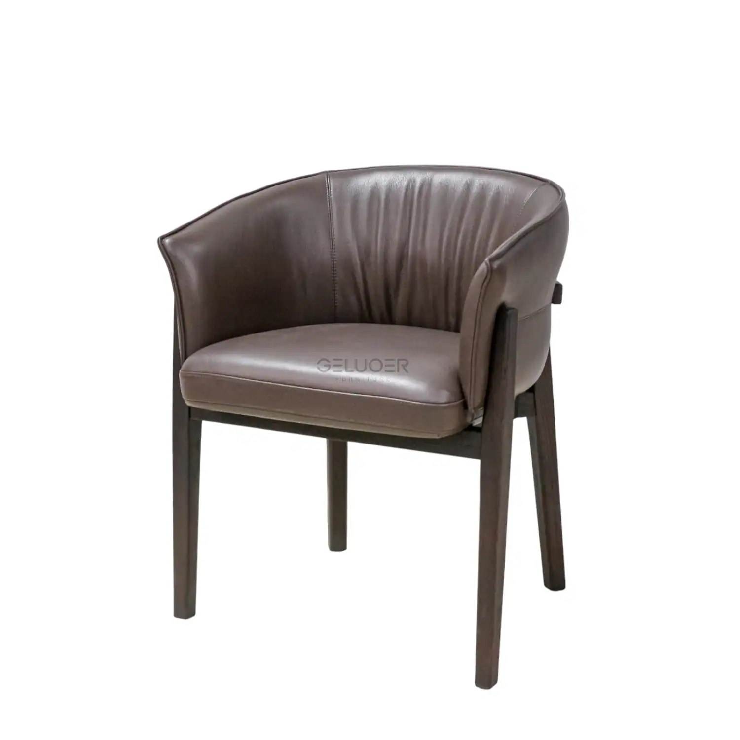 Luxurious brown leather armchair with wooden legs, modern design, perfect for contemporary home decor.