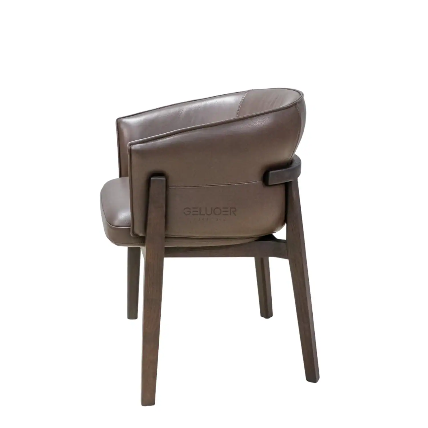 Modern brown leather dining chair with wooden legs by Geluoer Furniture.