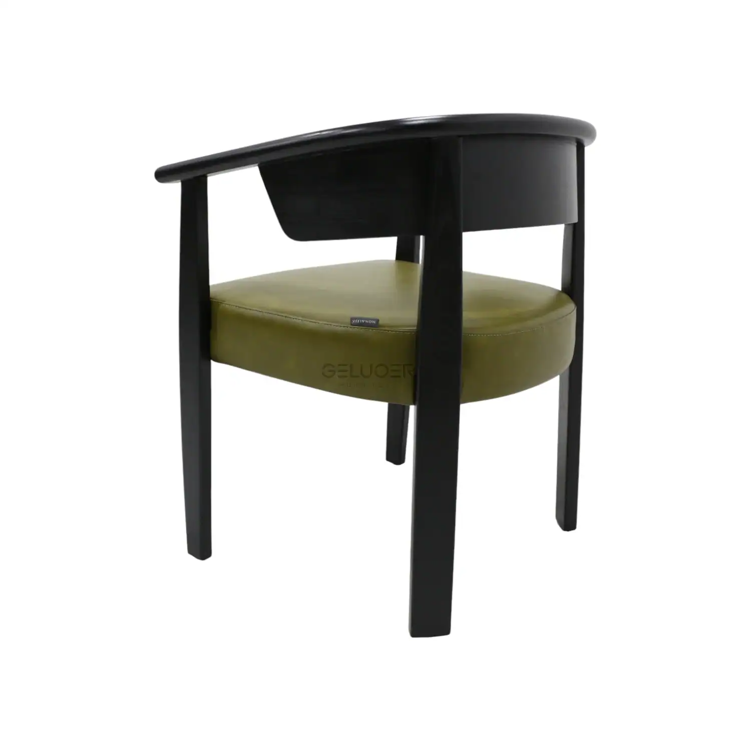 Elegant black wooden dining chair with green upholstered seat for modern furniture décor.