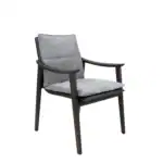 Elegant modern armchair with upholstered gray fabric and dark wooden frame for stylish interiors.