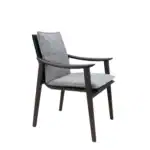 Modern upholstered lounge chair with wooden armrests and fabric cushion.