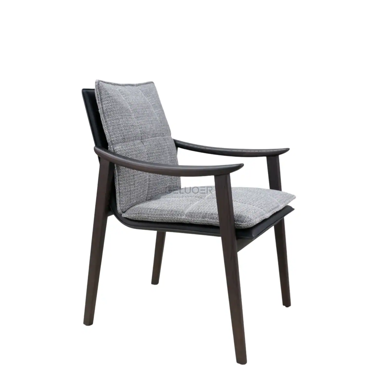 Modern upholstered lounge chair with wooden armrests and fabric cushion.