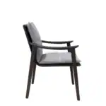 Mid-century modern wooden armchair with cushioned seat and backrest, stylish and comfortable.