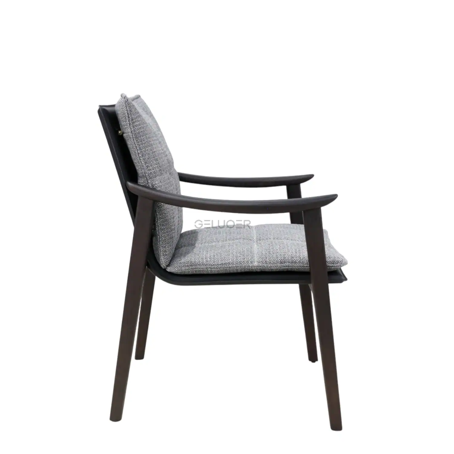 Mid-century modern wooden armchair with cushioned seat and backrest, stylish and comfortable.