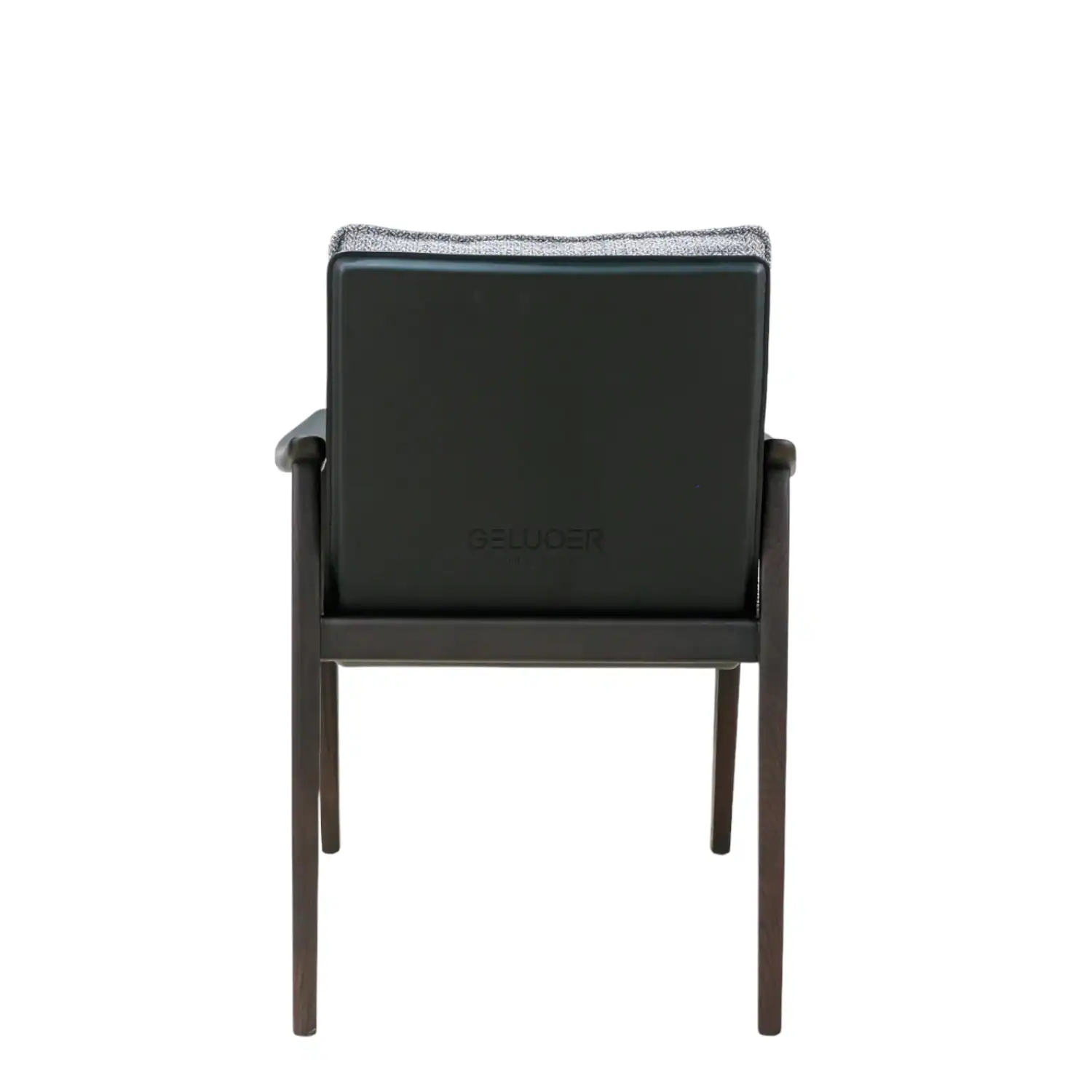 Black modern dining chair with wooden legs and cushioned backrest from Geluoer Furniture.