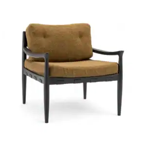 Brown upholstered modern armchair with black wooden frame and sleek design.