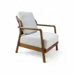 Modern wooden armchair with light gray upholstered cushions, stylish and comfortable for living room decor.