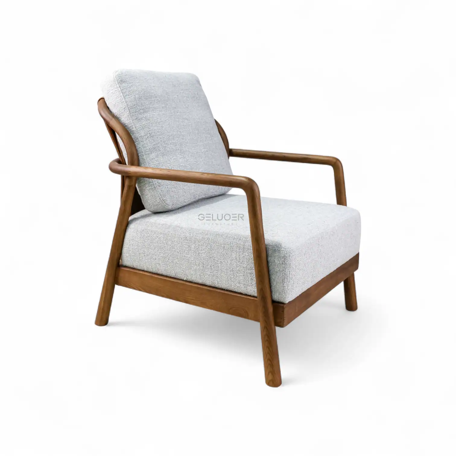 Modern wooden armchair with light gray upholstered cushions, stylish and comfortable for living room decor.