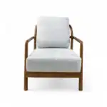 Modern wooden armchair with plush light gray upholstery for comfortable seating, ideal for home or office.