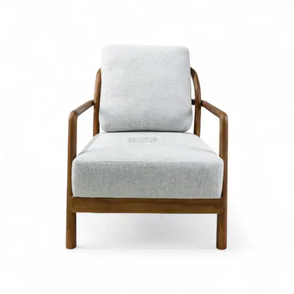 Modern wooden armchair with plush light gray upholstery for comfortable seating, ideal for home or office.