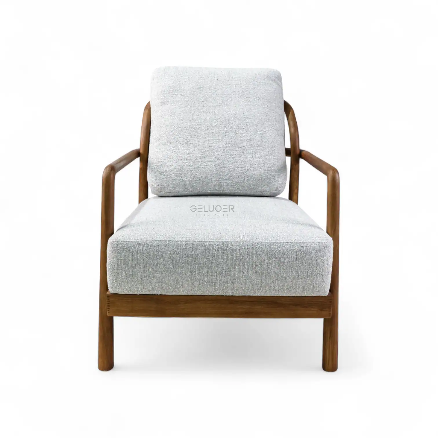 Modern wooden armchair with plush light gray upholstery for comfortable seating, ideal for home or office.