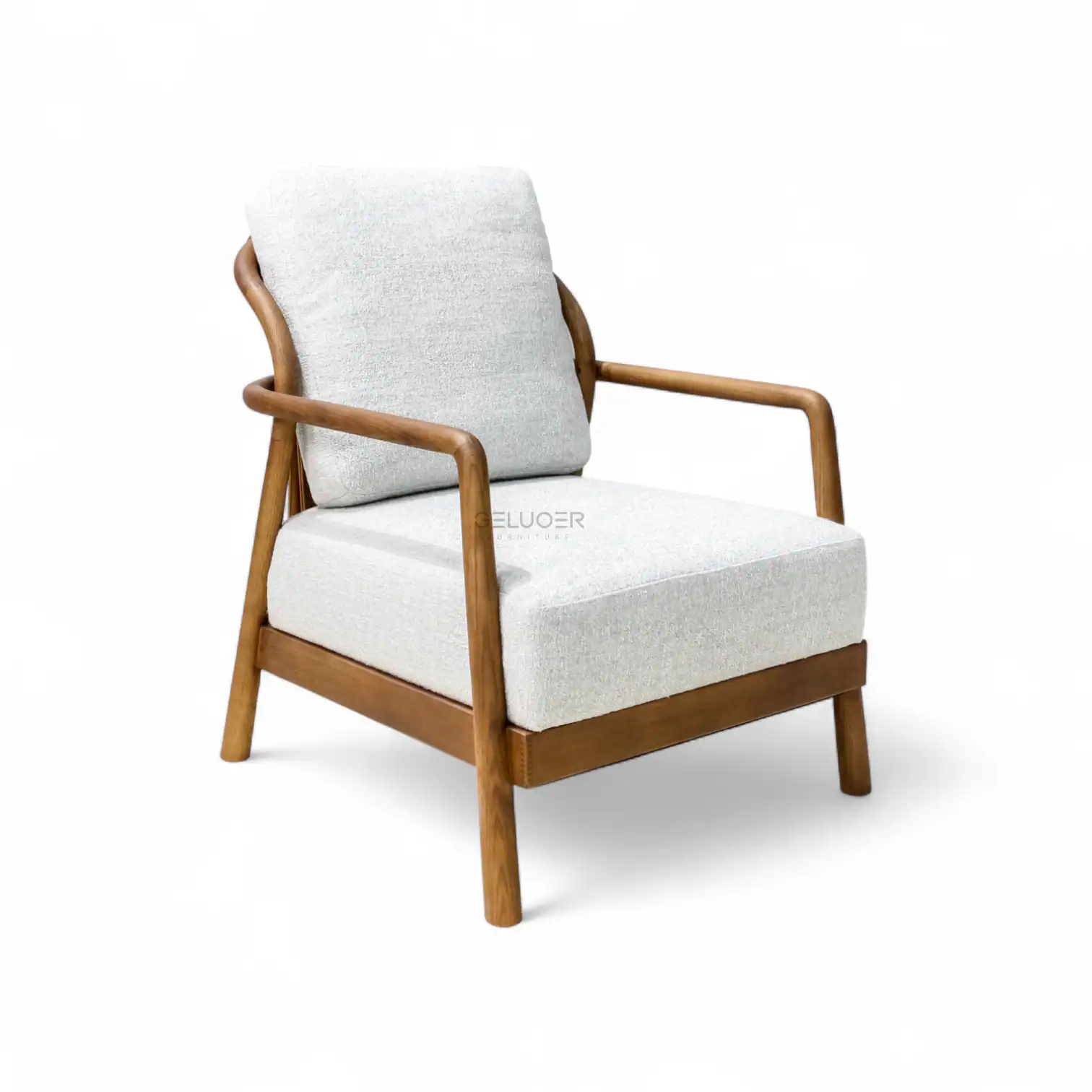 Modern wooden armchair with white upholstered cushions, stylish and comfortable furniture piece.