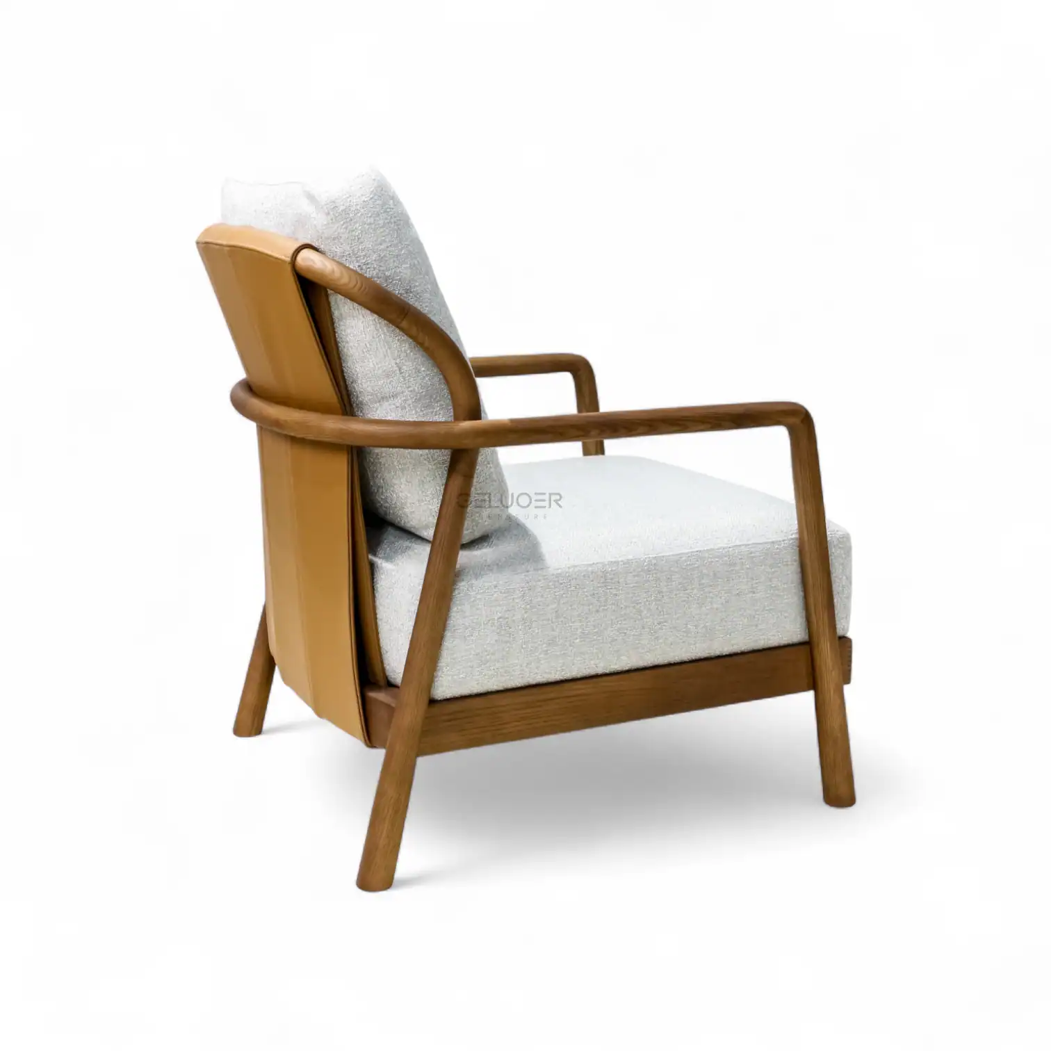 Elegant wooden armchair with light upholstery and modern design, perfect for stylish living spaces.