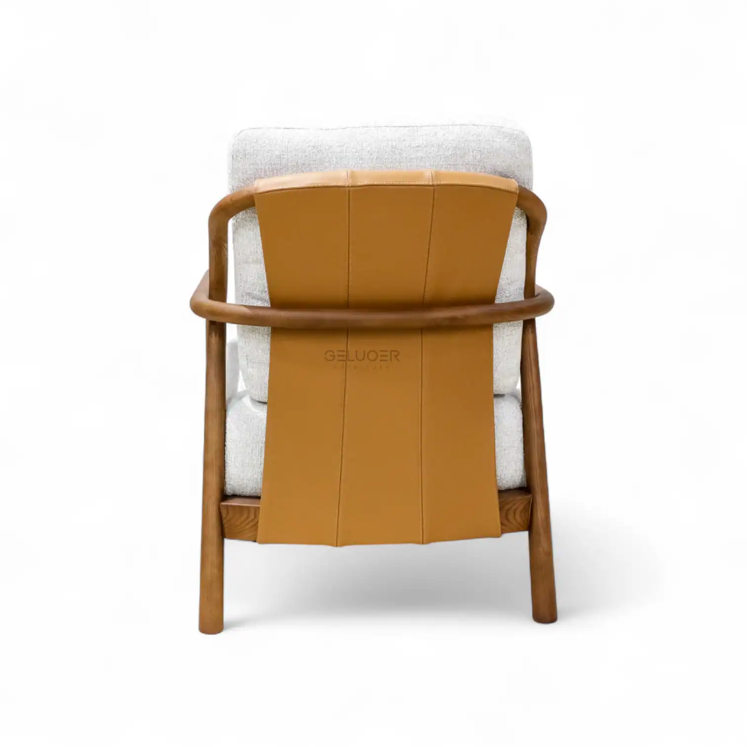 Modern wooden armchair with beige upholstery and curved backrest, stylish and comfortable furniture piece.