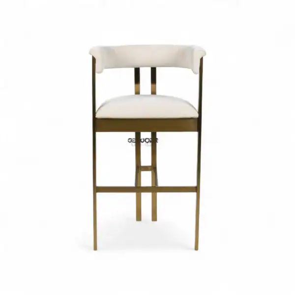 Elegant white upholstered bar stool with gold metal frame from Geluoer Furniture.