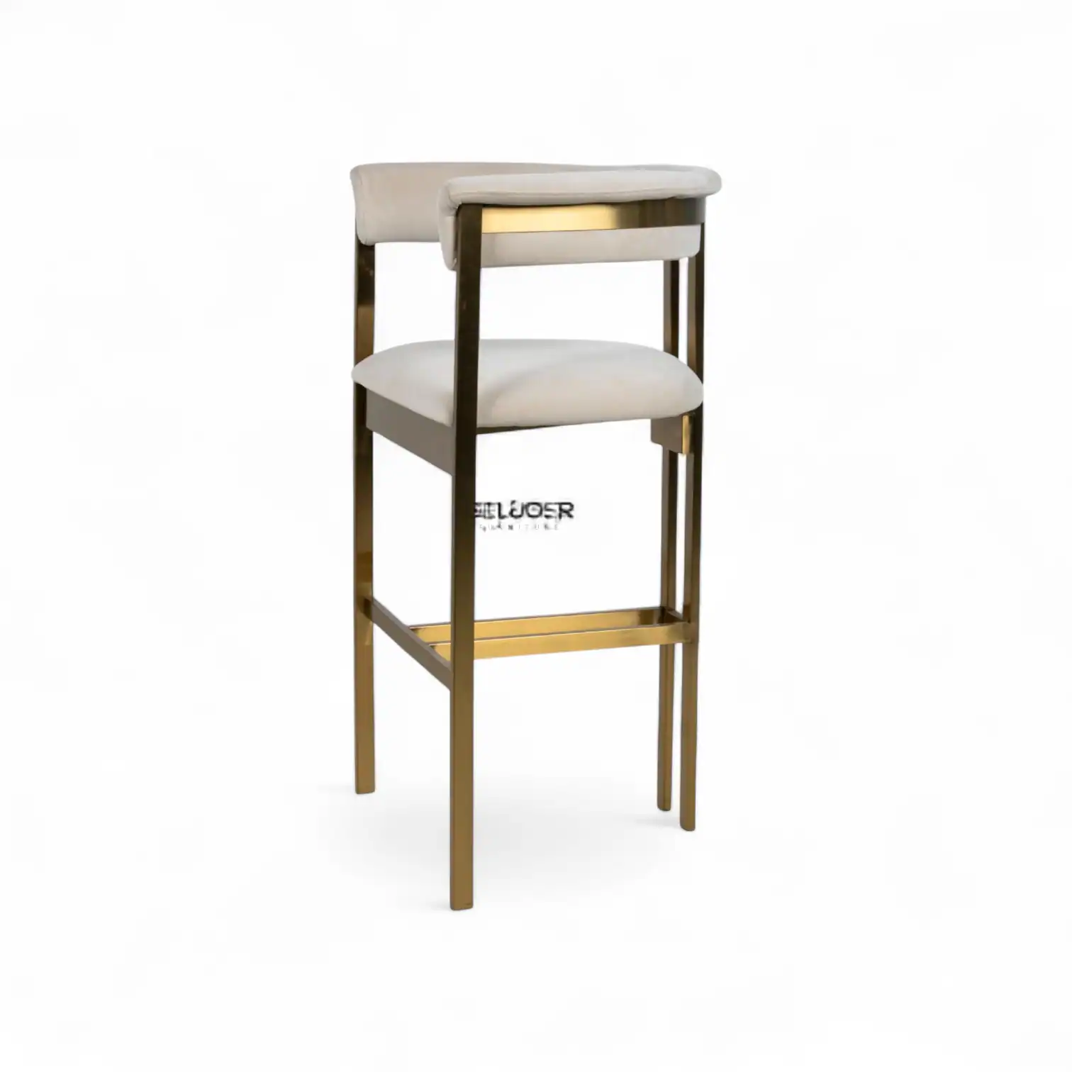 Elegant modern bar stool with gold metal frame and plush white cushioning for stylish home or restaurant decor.