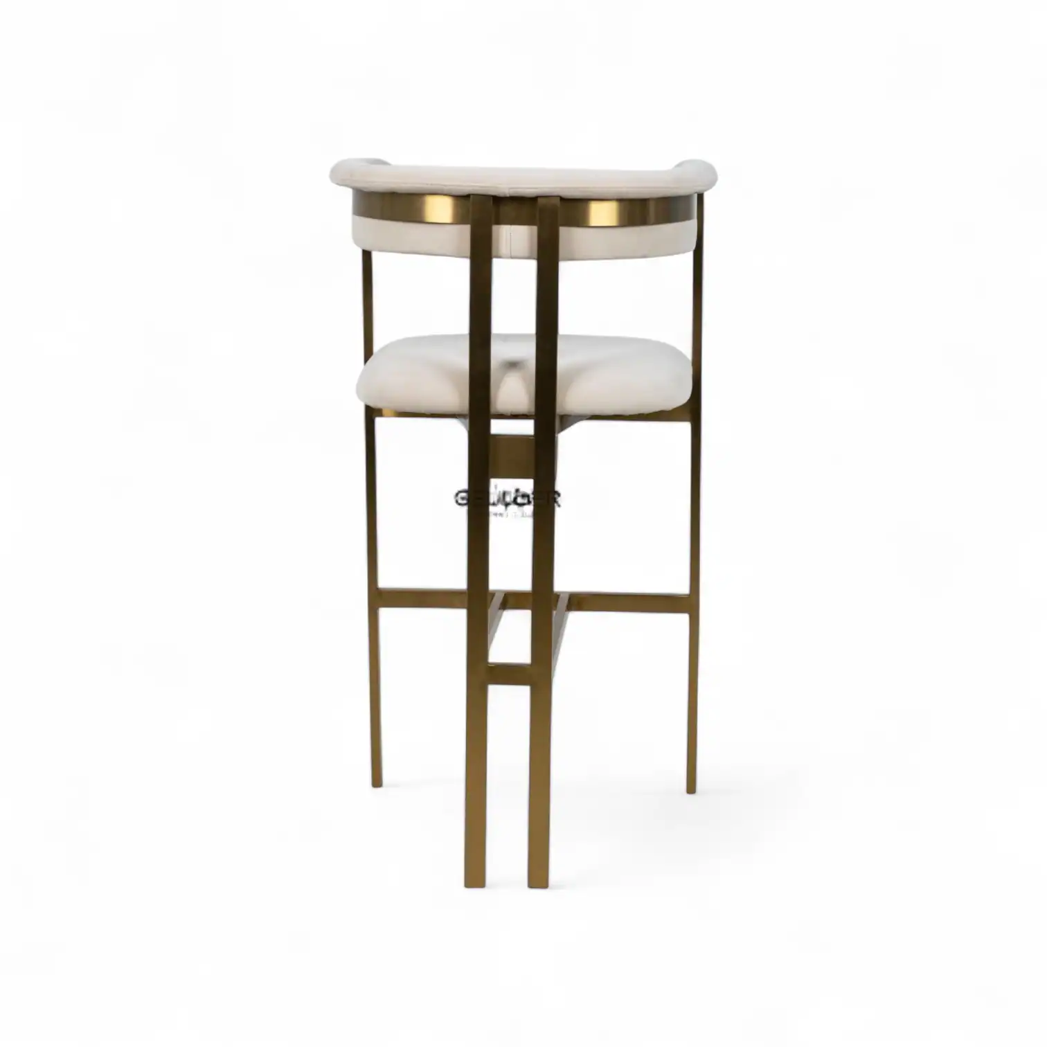 Sleek modern bar stool with white cushioned seat and gold accents, perfect for contemporary home or restaurant decor.