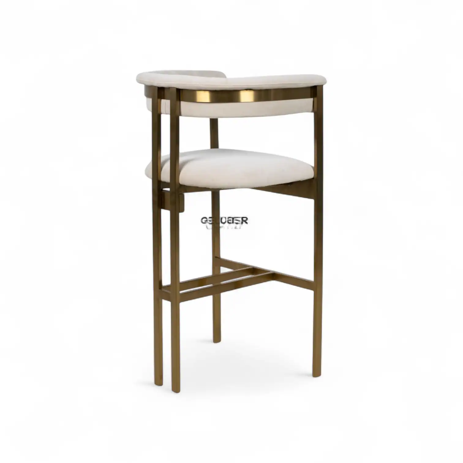 Modern luxury high bar stool with beige upholstered seat and gold accents for stylish home or restaurant decor.
