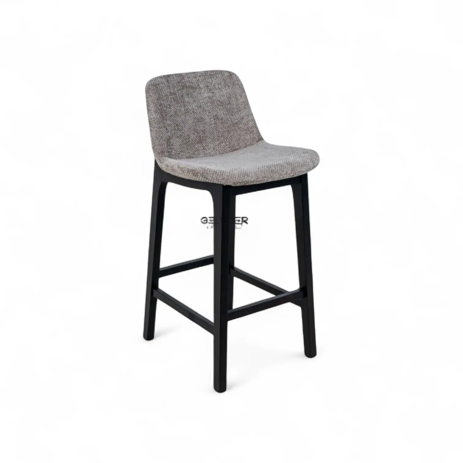 Modern upholstered bar stool with black wooden legs, comfortable fabric seat.