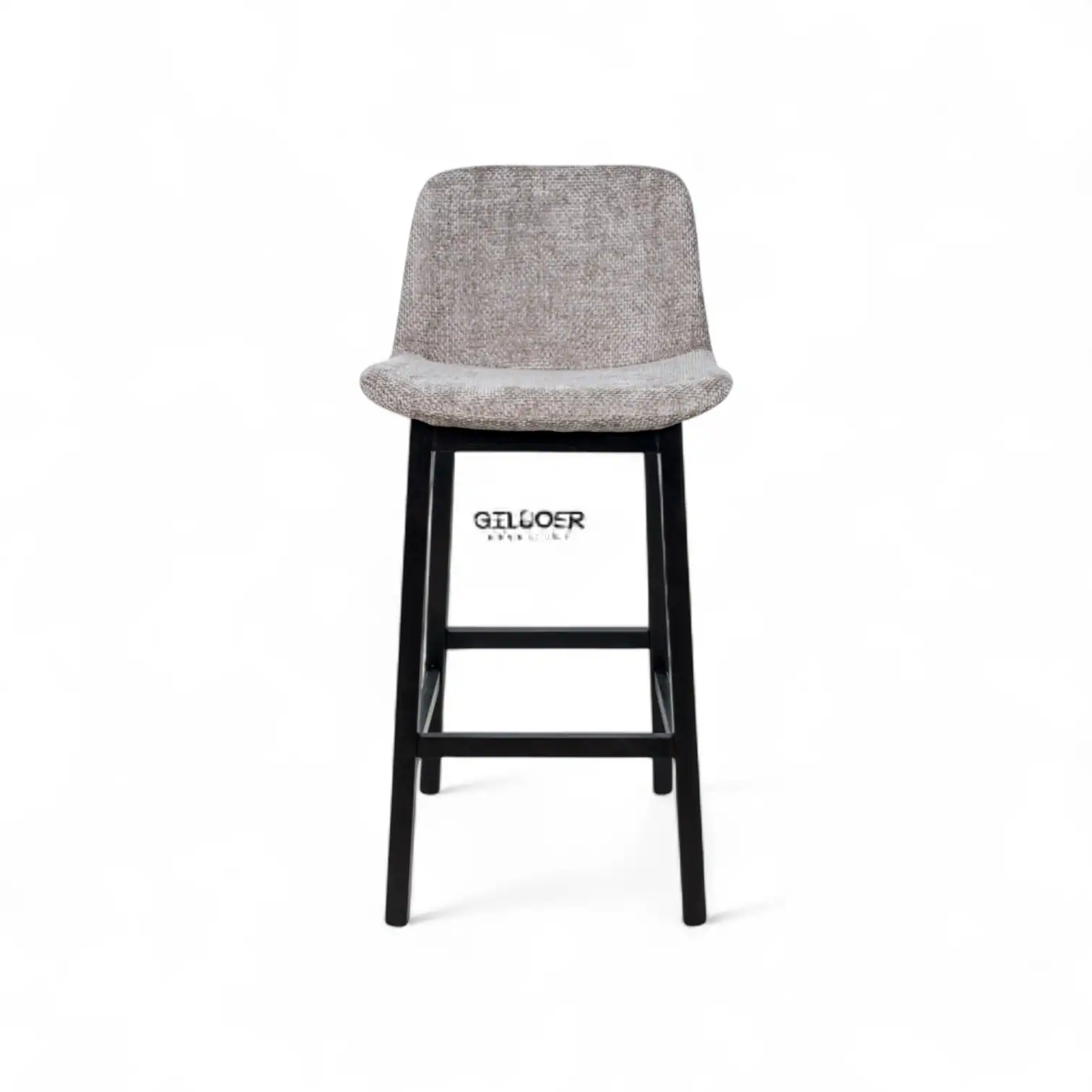 Modern upholstered bar stool with black wooden legs, ideal for stylish kitchen or bar area decor.