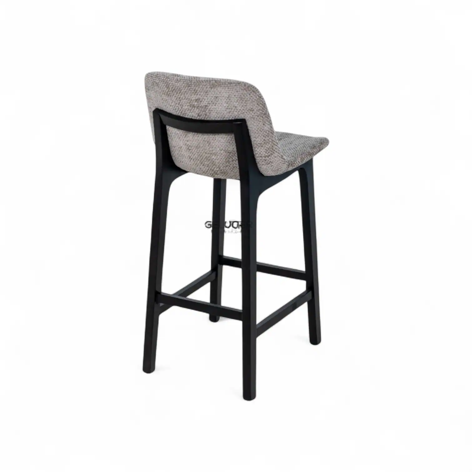 Contemporary upholstered bar stool with black wooden legs for modern kitchen decor.