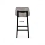 Elegant modern bar stool with upholstered gray fabric seat and black wooden frame.