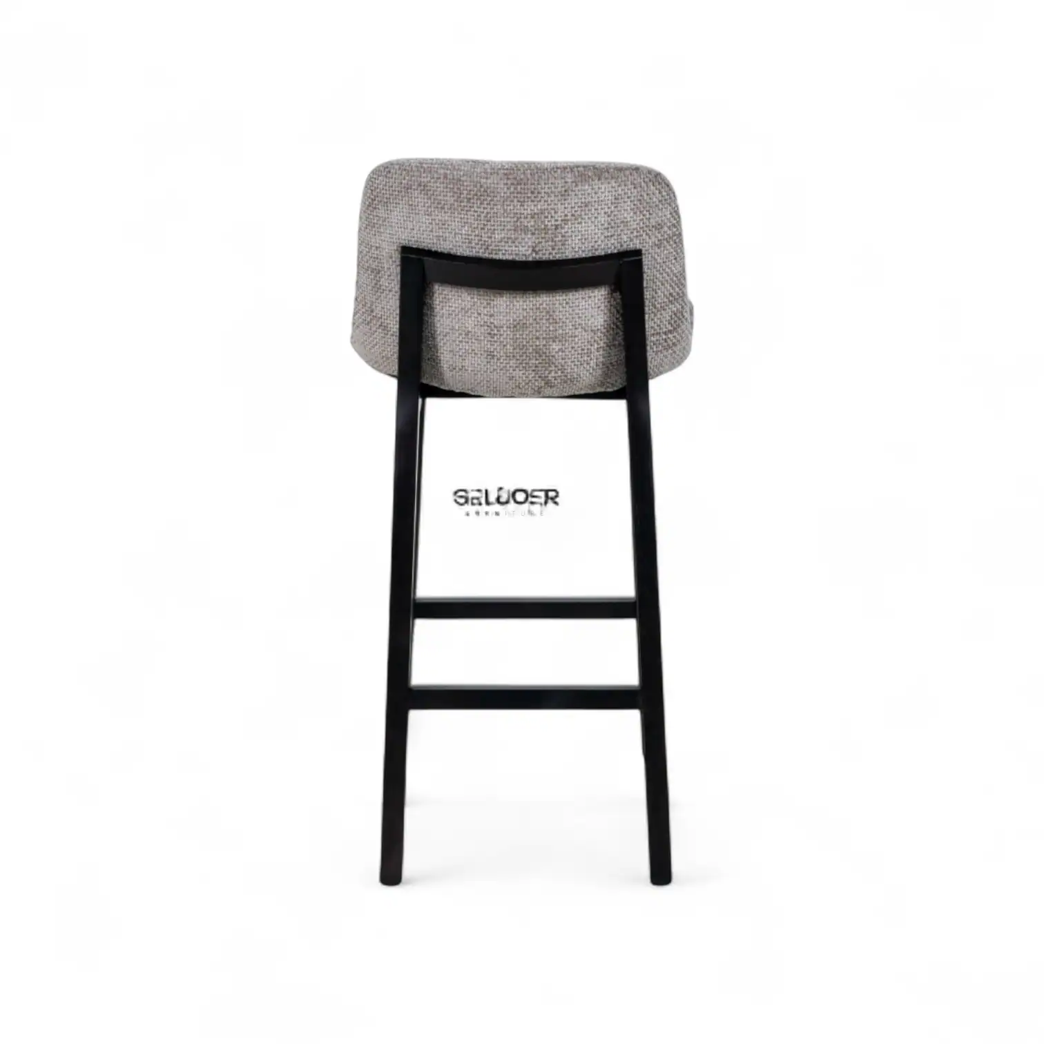 Elegant modern bar stool with upholstered gray fabric seat and black wooden frame.