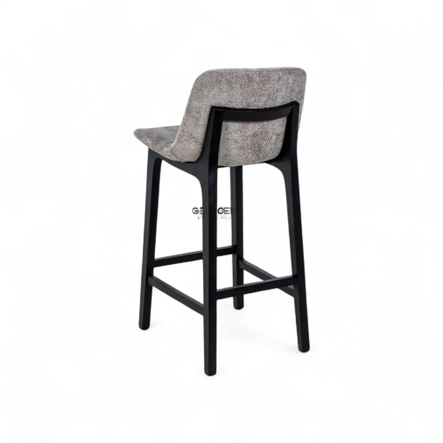 Contemporary upholstered bar stool with black wooden frame and neutral fabric seat.