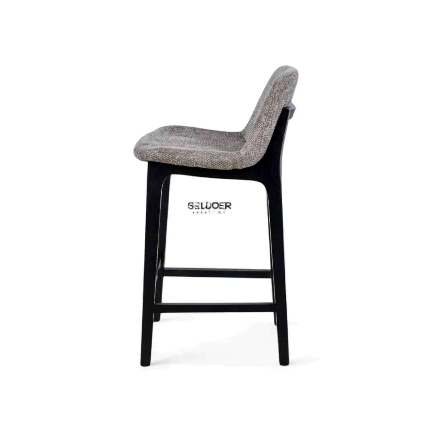 Modern upholstered bar stool with fabric seat and black wooden legs for stylish kitchen decor.