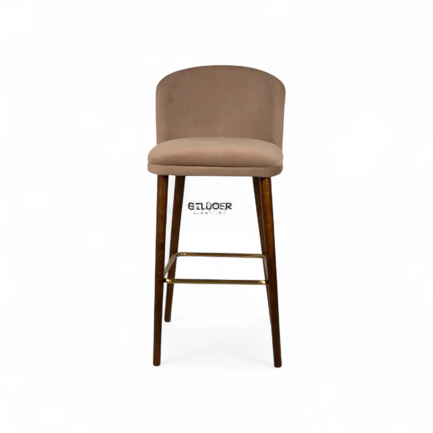 Soft beige upholstered bar stool with wooden legs and metal footrest, modern furniture for kitchen or bar area.