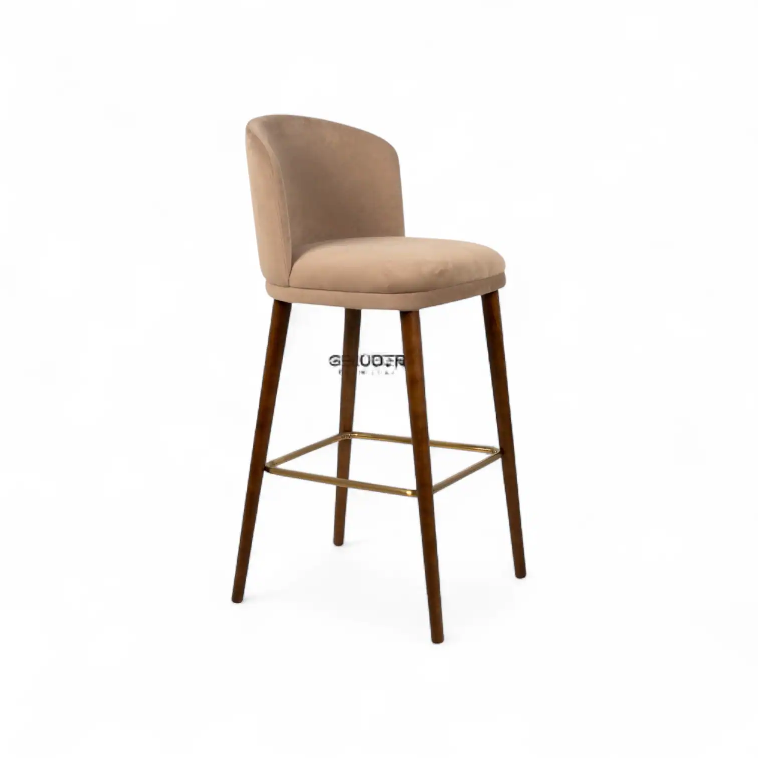 Comfortable beige upholstered bar stool with wooden legs and gold footrest, ideal for modern kitchen or bar area.