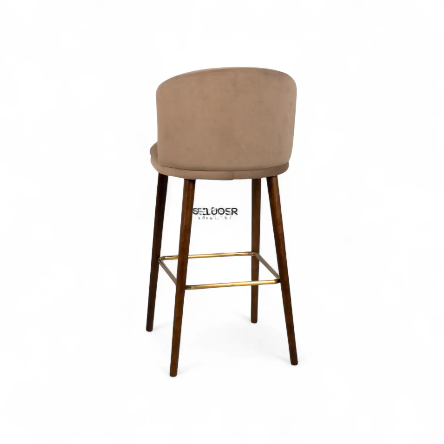 Modern beige upholstered wooden bar stool with gold footrest, stylish kitchen and dining furniture.