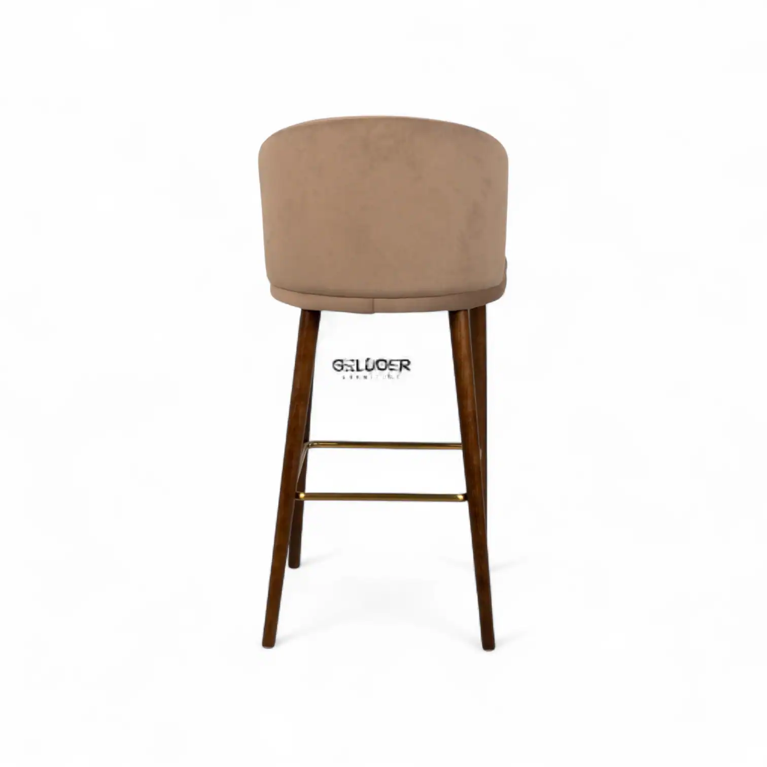 Modern beige upholstered bar stool with wooden legs, ideal for contemporary kitchen or bar area.