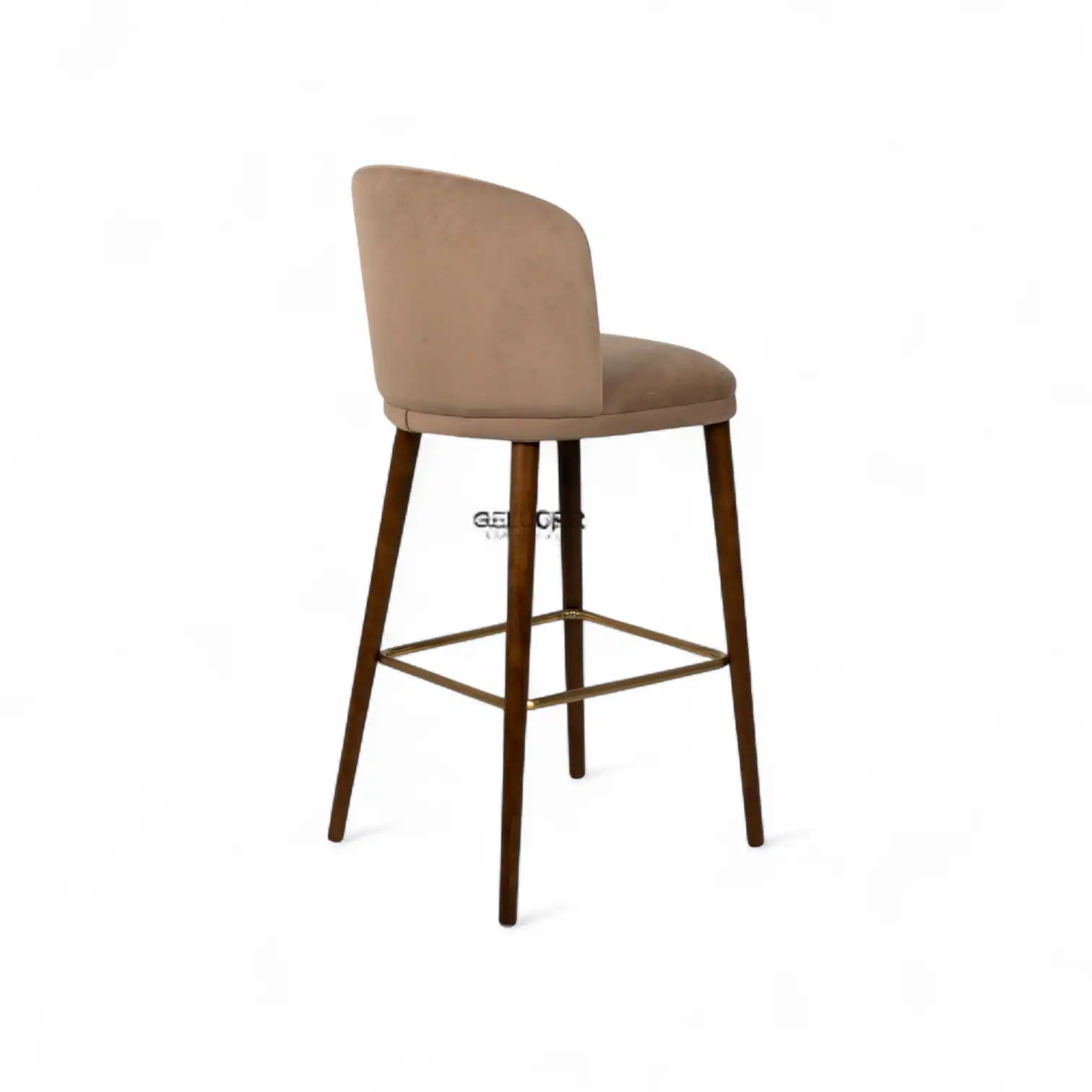 Elegant beige upholstered bar stool with wooden legs and footrest for modern furniture designs.