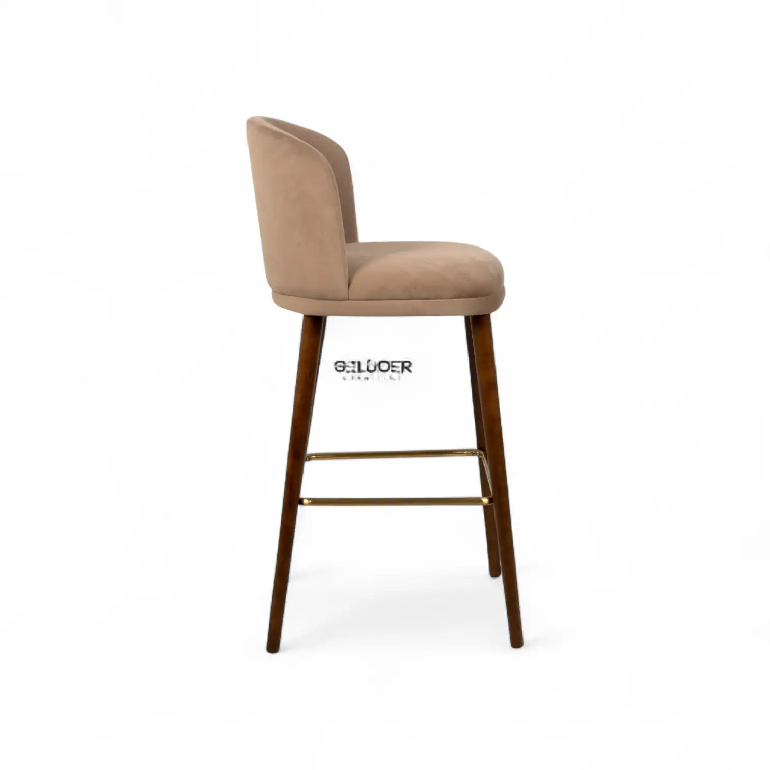 Soft beige upholstered bar stool with wooden legs and gold footrest for modern kitchen decor.