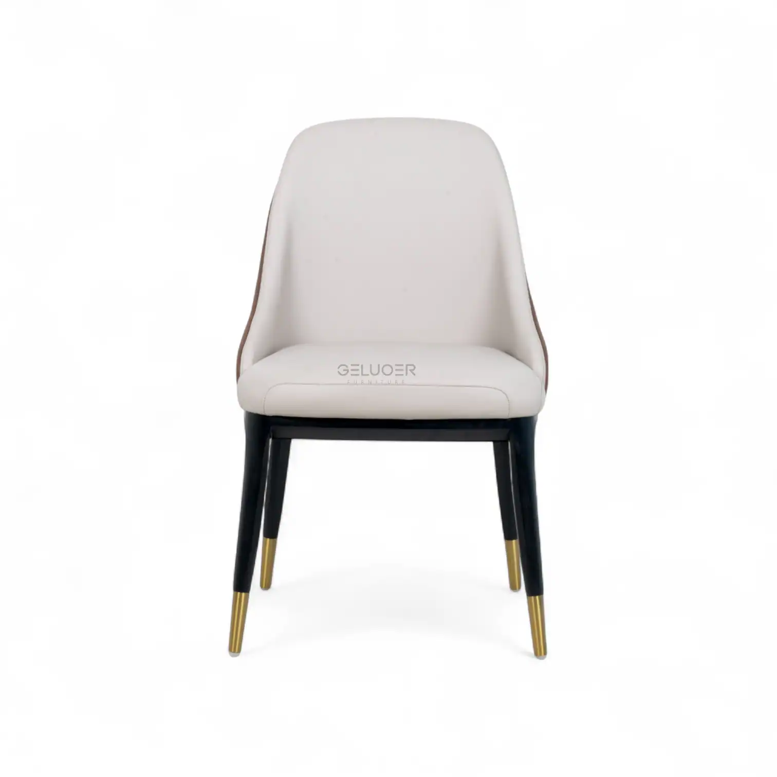 Sleek white modern dining chair with black and gold tipped legs, stylish and comfortable furniture piece.