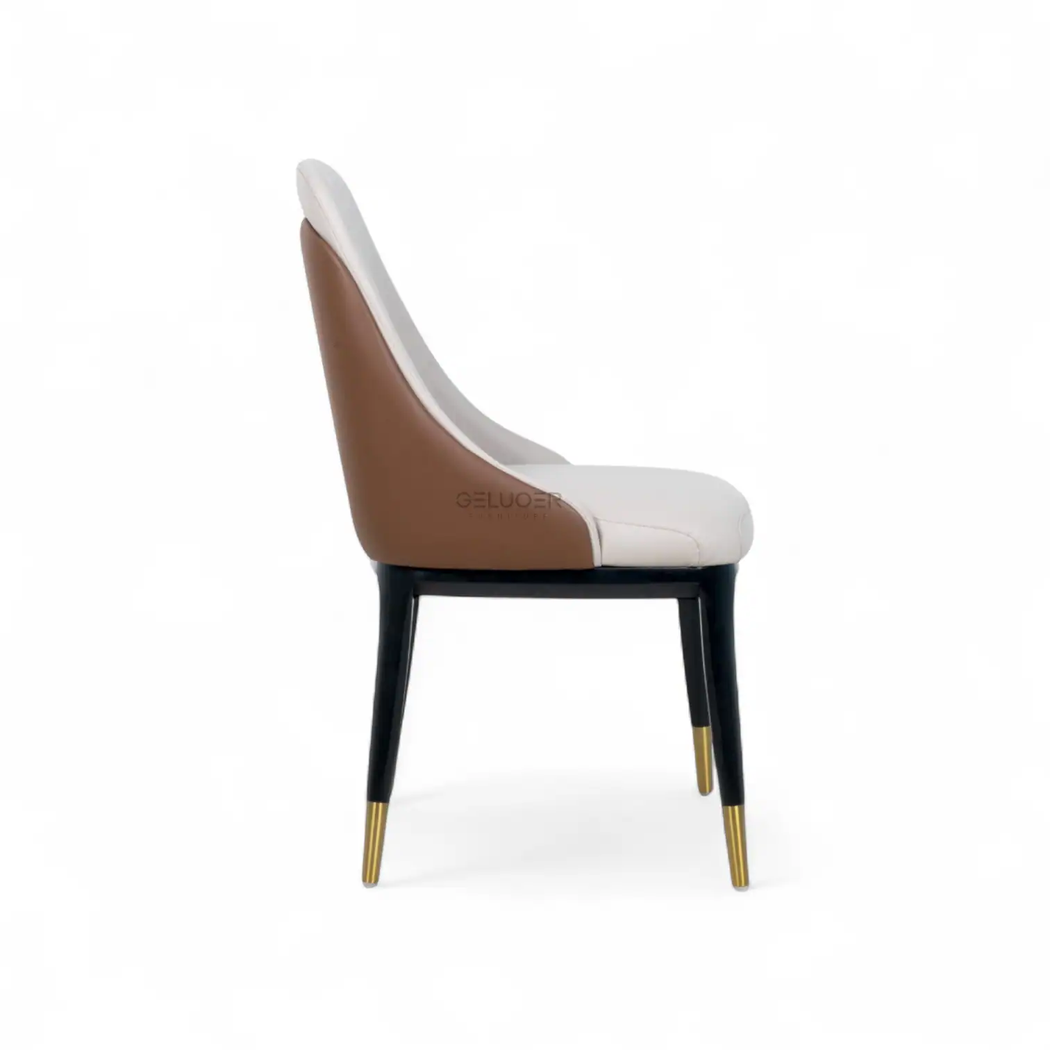 Luxurious modern dining chair with leather upholstery and gold-tipped legs from Geluoer Furniture.