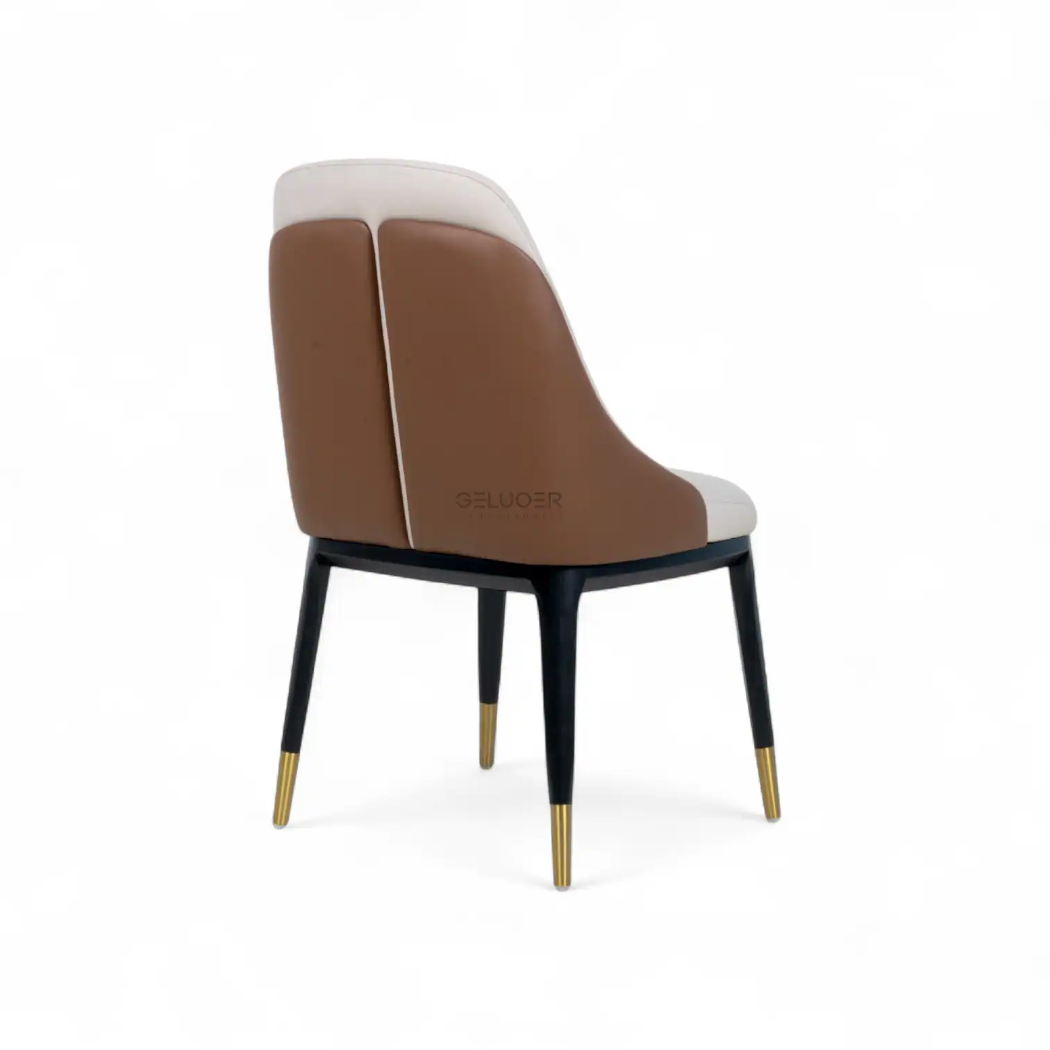 Luxurious modern leather dining chair with black and gold legs by Geluoer Furniture. Elegant, stylish, and comfortable.