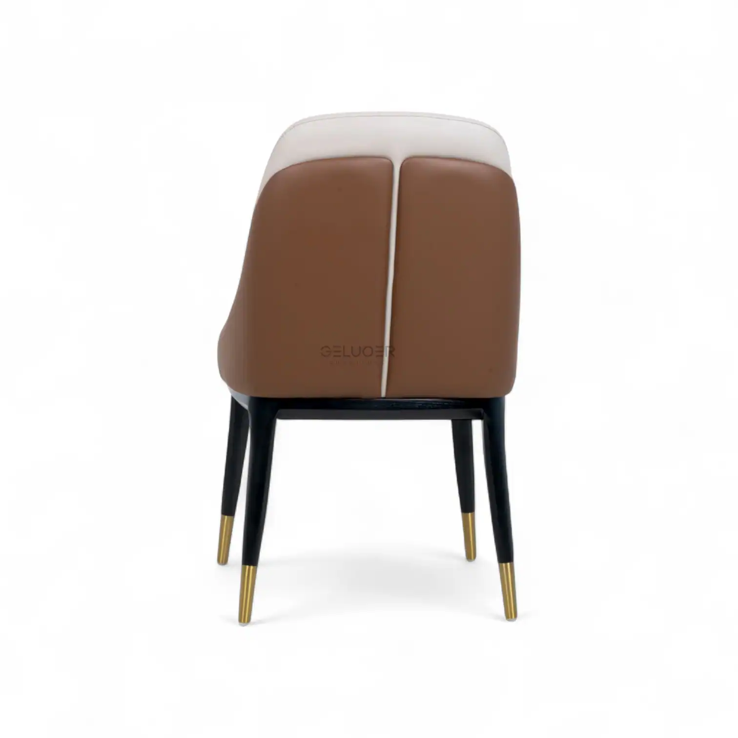 Modern leather dining chair with black and gold legs, stylish and comfortable furniture from Geluoer.
