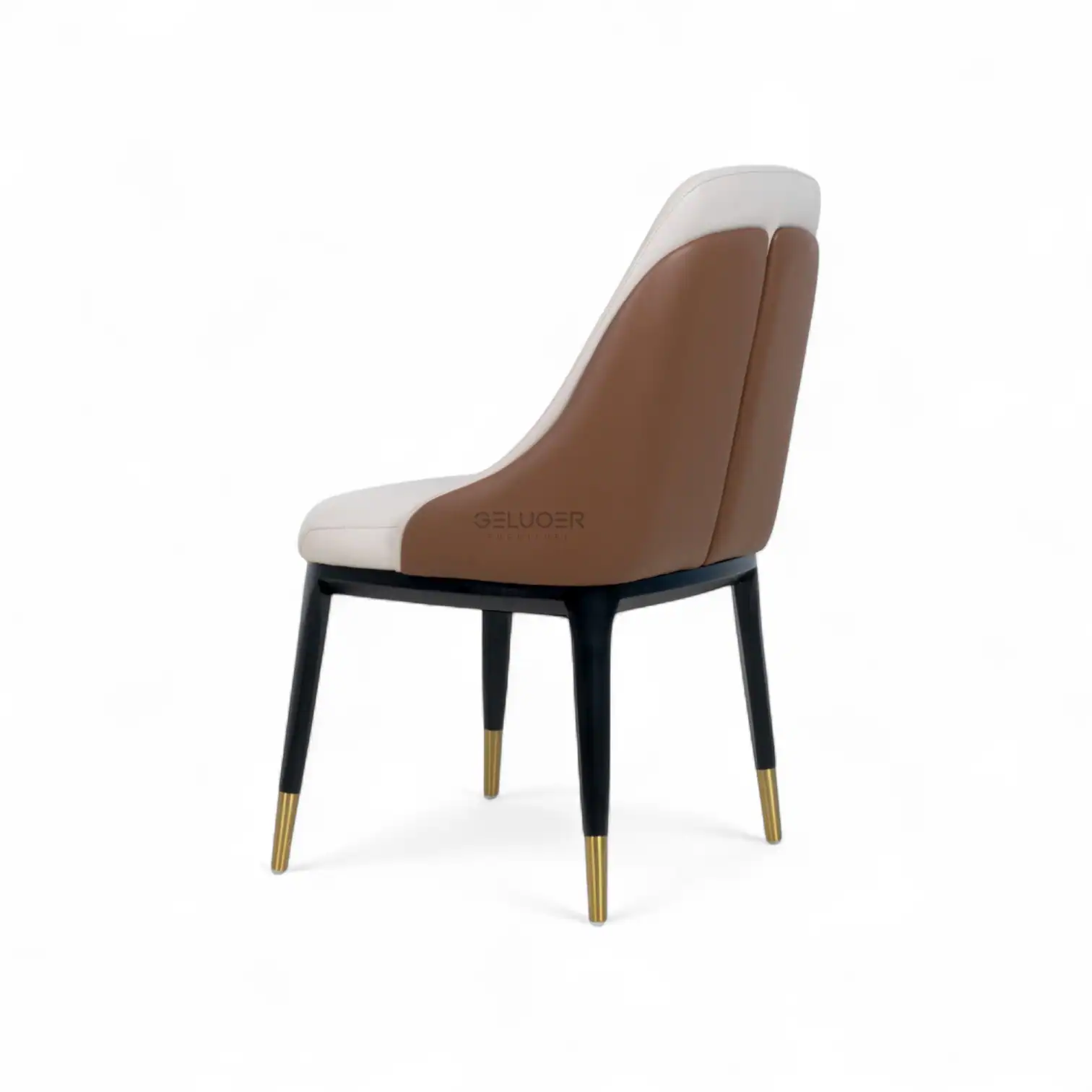 Elegant modern dining chair with brown and white leather upholstery, black wooden legs, and gold-tipped accents.