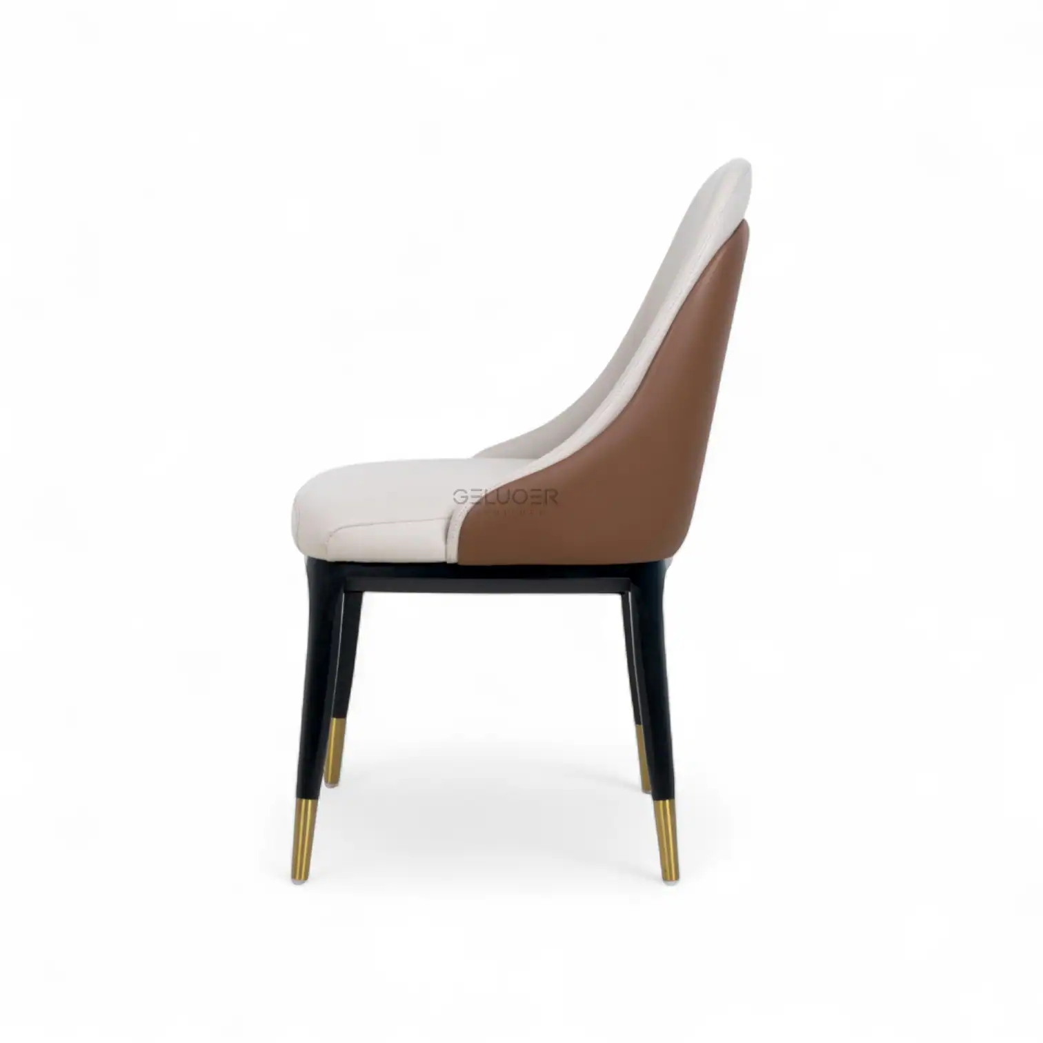 Elegant modern dining chair with beige and brown upholstery, gold-tipped black legs, perfect for stylish home decor.