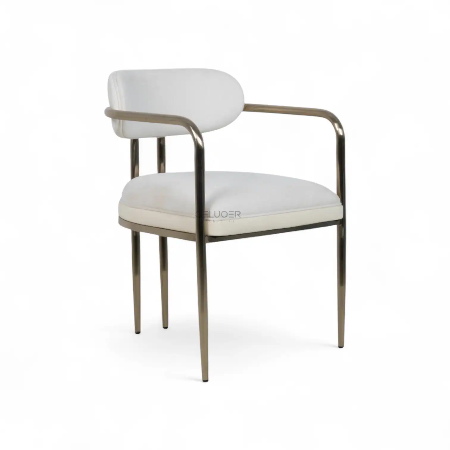 Elegant white modern armchair with stainless steel frame for stylish office or home furniture.