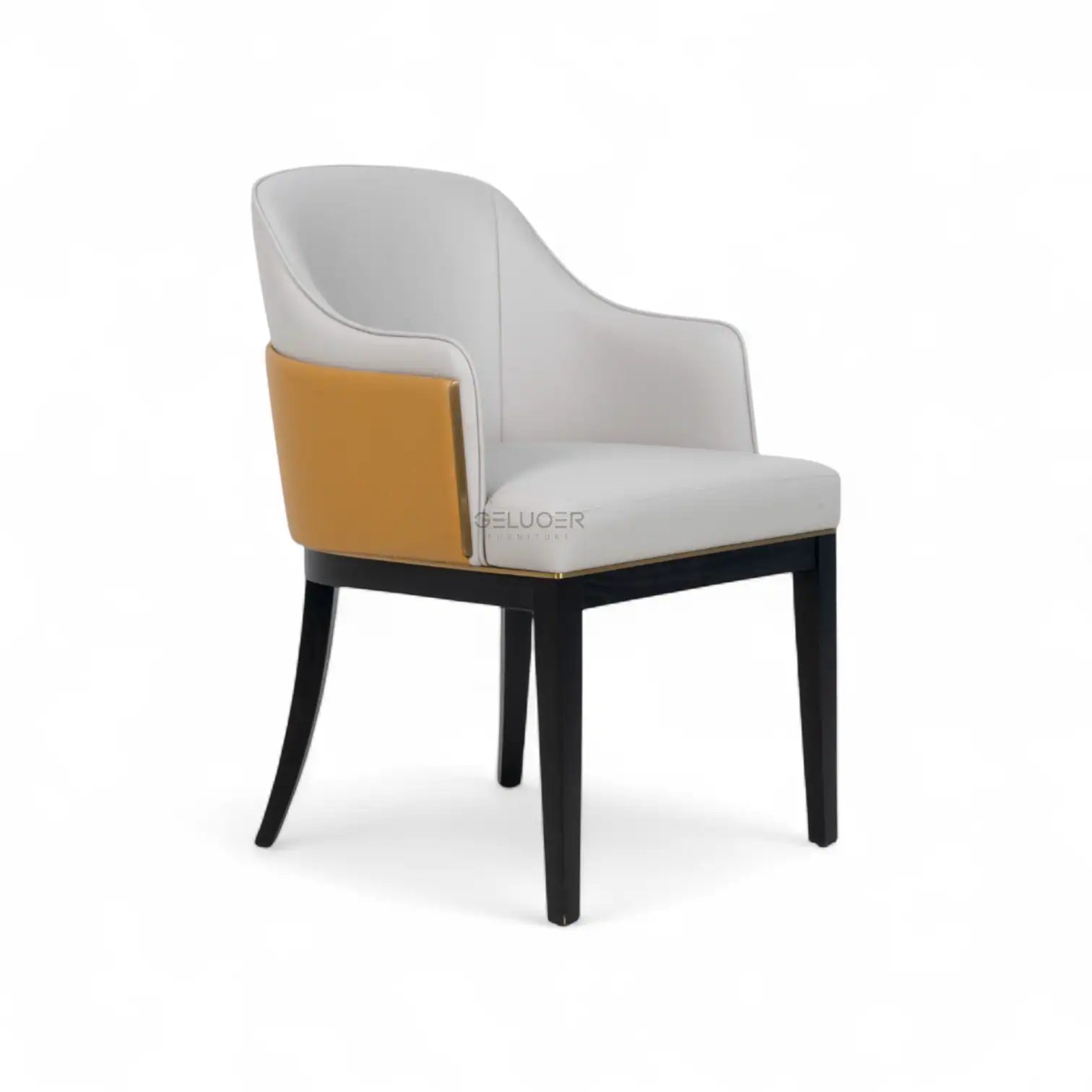 Stylish modern chair with white and mustard upholstery, black wooden legs, perfect for contemporary home decor.