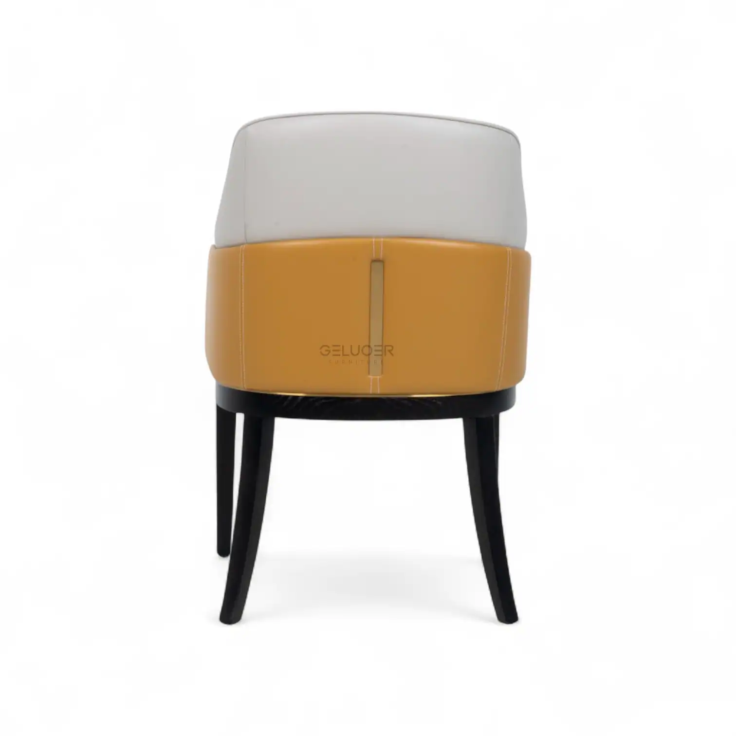 Comfortable modern accent chair with white and mustard yellow upholstery and black wooden legs.