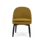 Vintage mustard yellow upholstered accent chair with black wooden legs.