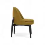 Comfortable modern accent chair with yellow textured upholstery and black wooden legs.