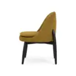 Elegant mustard yellow upholstered modern lounge chair with black wooden legs.