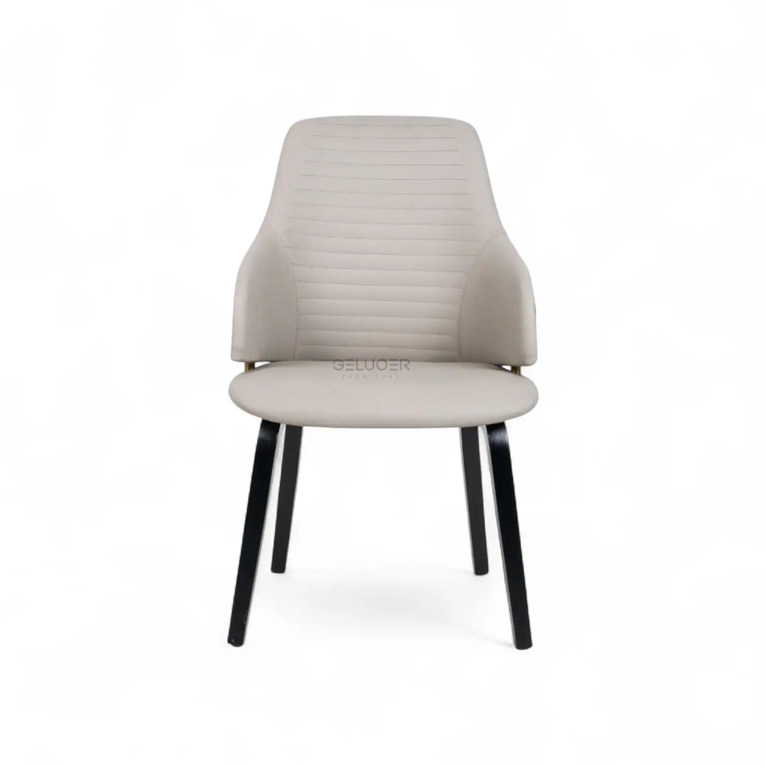 Sleek white modern office chair with black wooden legs, stylish and comfortable for home or workplace.