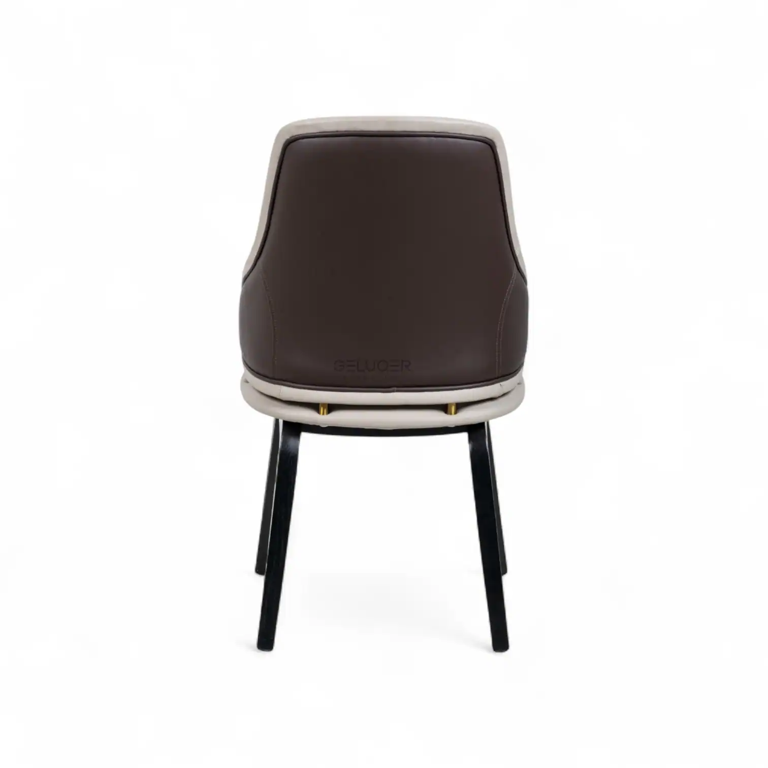 Sleek modern dining chair with leather upholstery and black wooden legs.